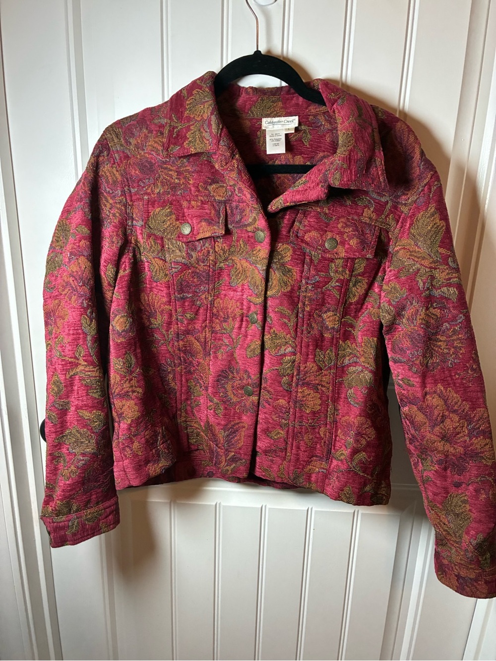 Coldwater Creek Rose Pink & Olive Floral Jacquard Jean Jacket